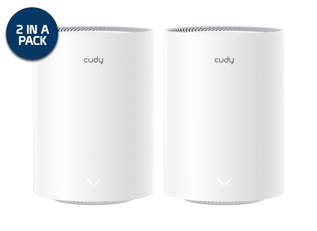 2-pack of white cylindrical Cudy mesh WiFi routers with blue "2 in a Pack" badge.