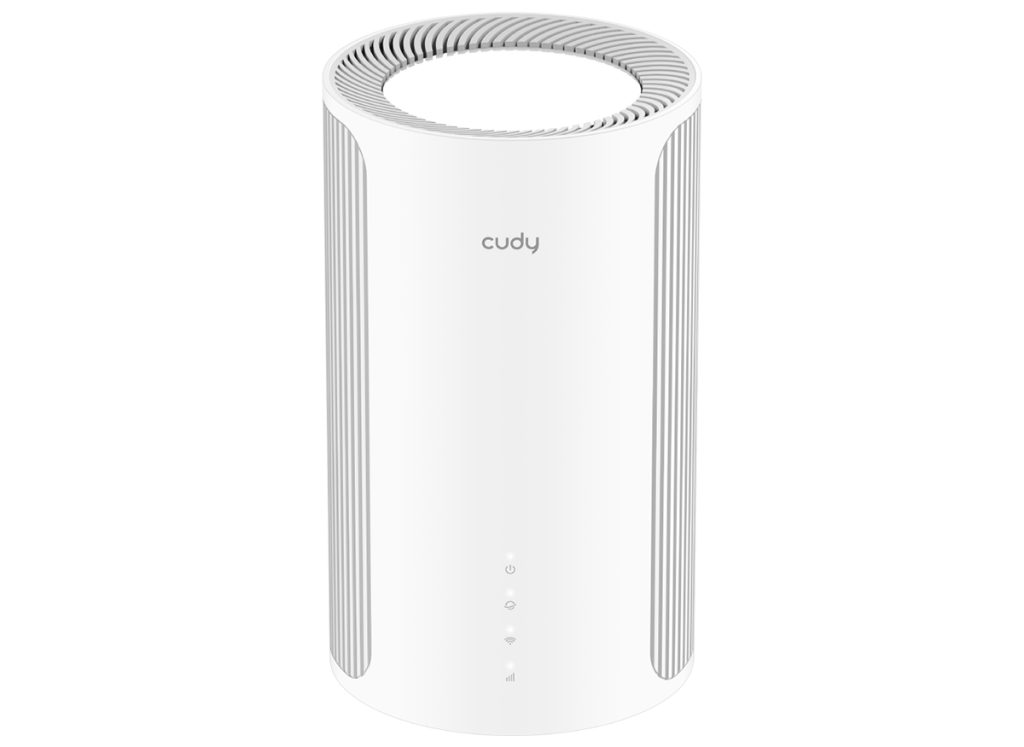 White Cudy cylindrical air purifier with vertical grilles, LED indicators, and modern design on white background.