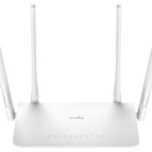 White Cudy AC1200 WiFi router with 4 antennas and 5 Gigabit Ethernet ports, front view.
