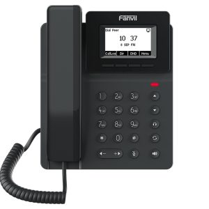 Fanvil black IP desk phone with LCD display, numeric keypad, and handset on base.