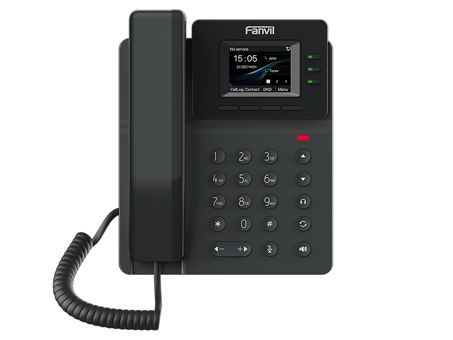 Fanvil black IP desk phone with color LCD screen, numeric keypad, and handset, modern VoIP design.