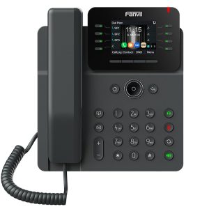 Fanvil IP phone with color touchscreen, call buttons, and handset on black base.