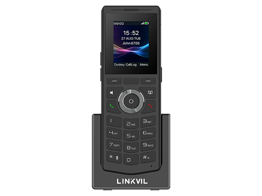 LinkVIL W100 DECT cordless phone in black charging cradle with 2.4" color display and keypad.