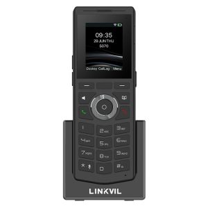 Black Linksys/Linkvil cordless phone in black charging dock with display showing 09:35 time and missed call.