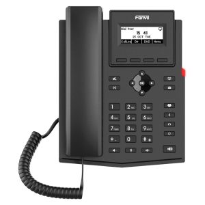 Fanvil VoIP desk phone with color display, navigation keys, and handset, black.