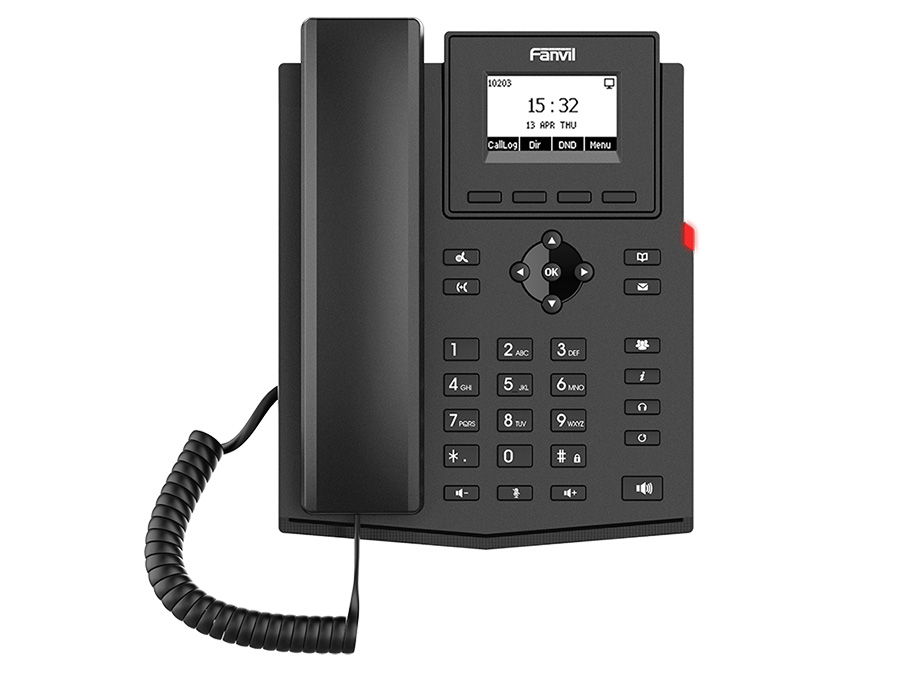 Fanvil black VoIP desk phone with LCD display, keypad, and handset on black coiled cord.