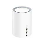 White cylindrical Apple HomePod with mesh top, two Ethernet ports, power button, and audio jack on back.
