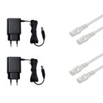 Set of 2 black EU power adapters with DC cables and 4 white RJ45 Ethernet cables.