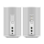 Pair of white NETGEAR Orbi satellite speakers, front and back views, with Ethernet ports and power switch.