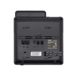 Rear view of black Poly VVX business IP desk phone with ports, Ethernet, power, and wall mount bracket.
