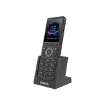 Black LinkVill cordless DECT phone in cradle with color display, navigation keys, and charging stand.