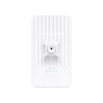 White Ubiquiti UniFi U6+ access point with mounting bracket and LED indicator, front view.