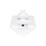 White Ubiquiti UniFi U6+ access point, rear view with Ethernet ports, PoE mount, and ventilation fins.