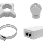 White plastic pole mount bracket with threaded ring, swivel clamp, steel hose clamp, and PoE injector power adapter.